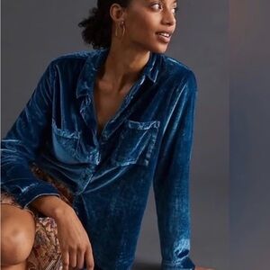 Umgee Teal Velvet Button-Up Blouse